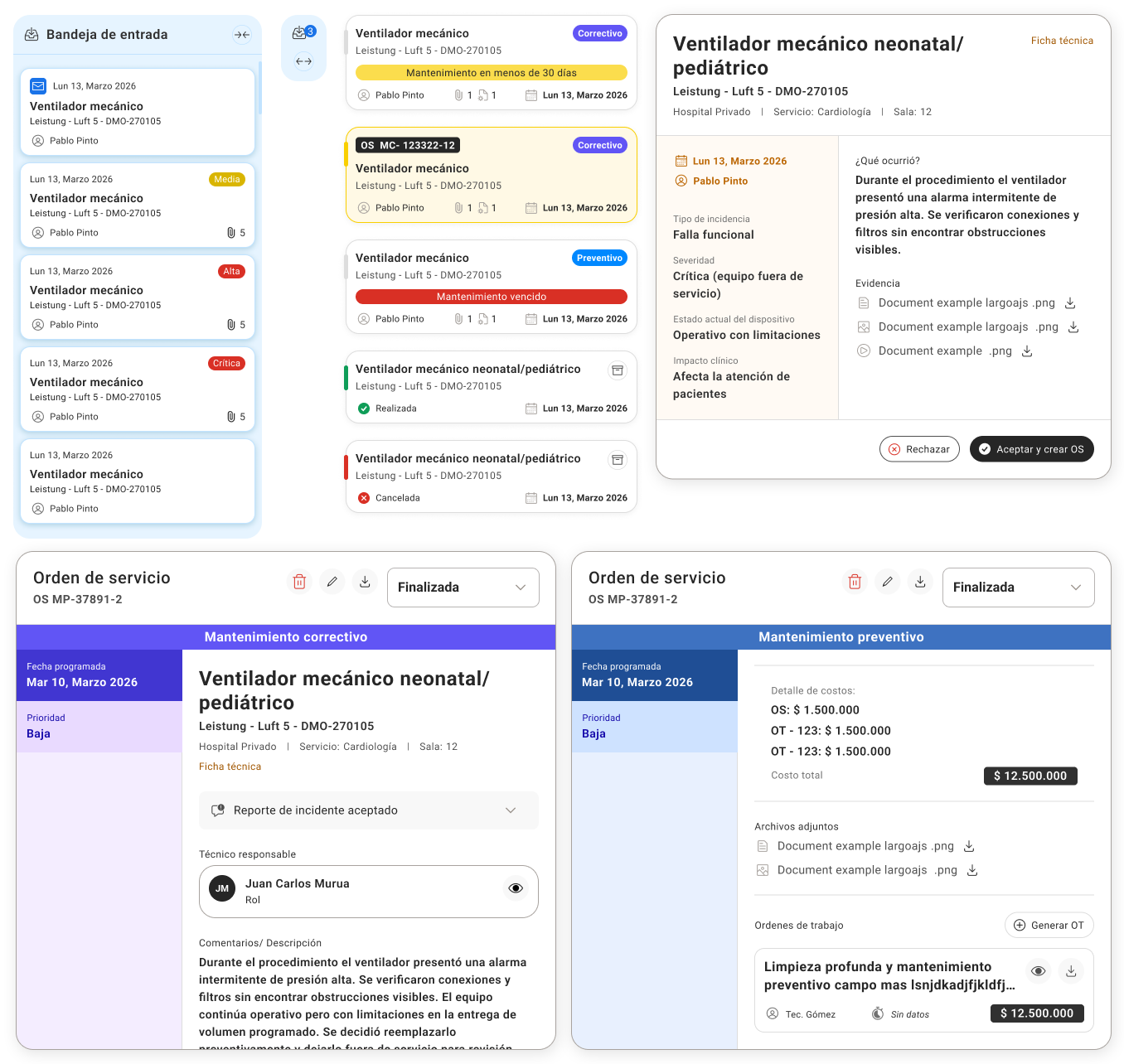 Componentes rediseñados: bandeja de entrada, cards con etiquetas y alertas de mantenimiento, detalle del reporte de incidencia y órdenes de servicio correctiva y preventiva