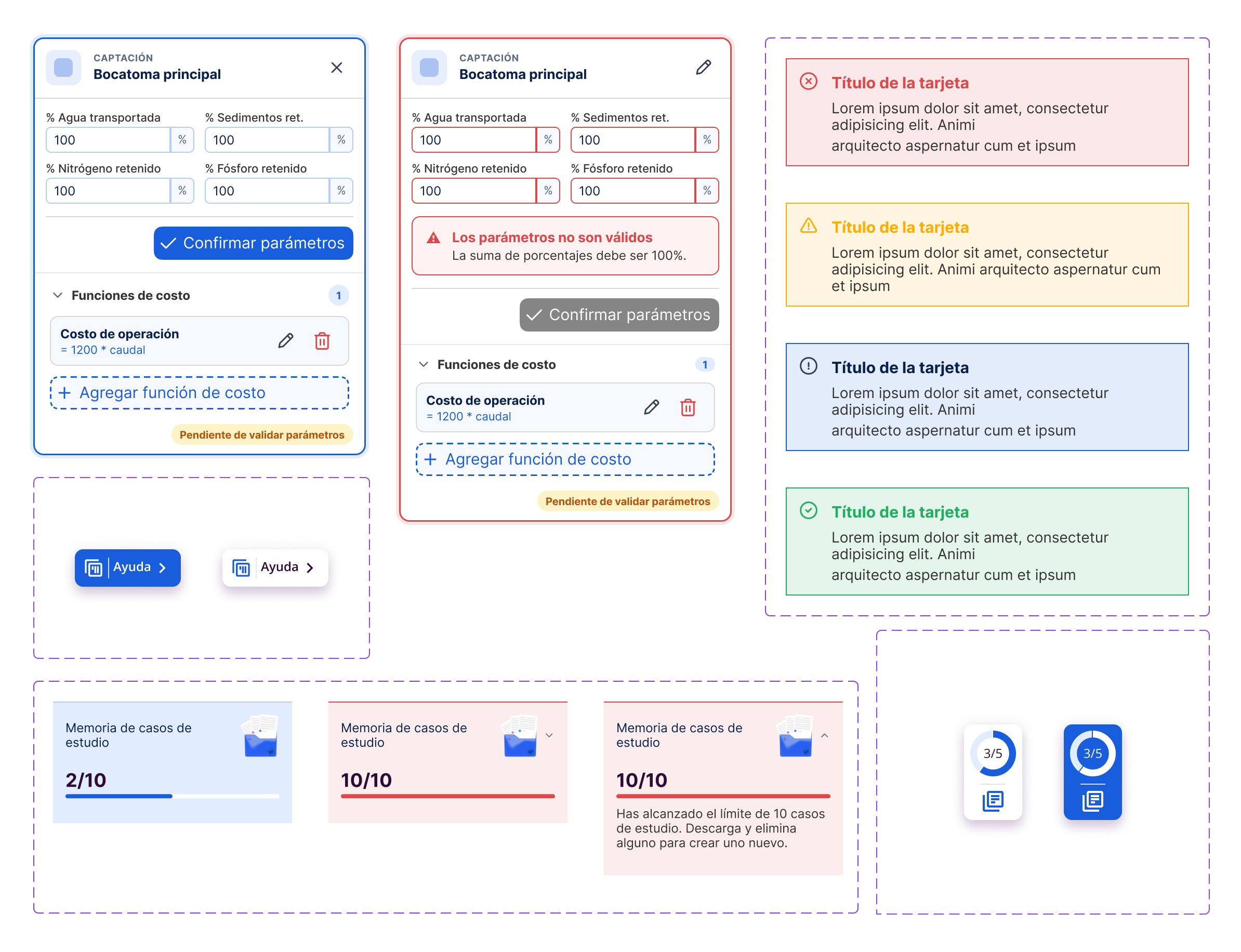 Componentes del design system de WaterProof: cards de captación con estados, alertas, botones de ayuda, memory cards y badges de progreso